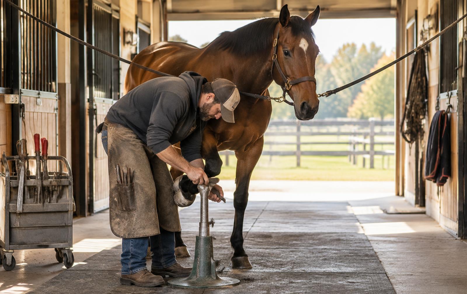 A farrier caring for a horse’s hoof in a sunlit barn